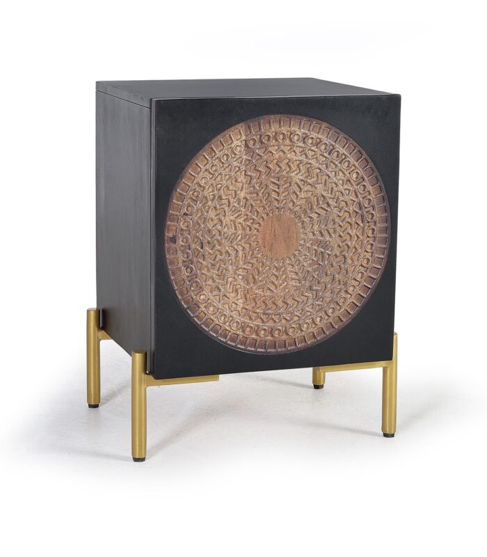 MESITA 1 PUERTA EN MADERA DE MANGO Y PATAS DE METAL.