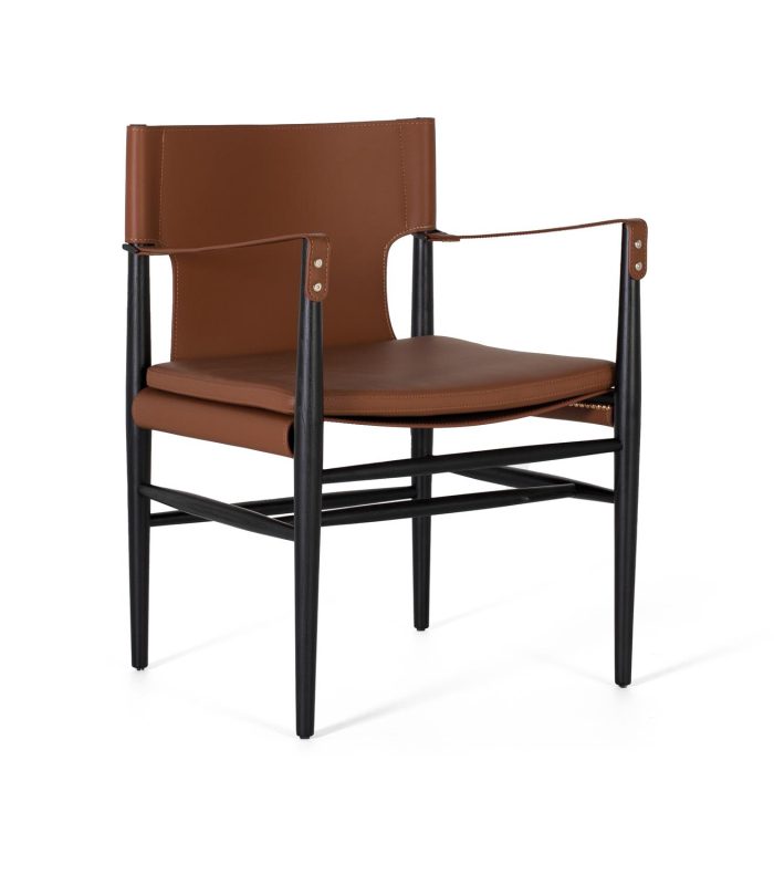 Sillón tapizado en cuero sintético y madera de fresno en color marrón y con estructura en negro