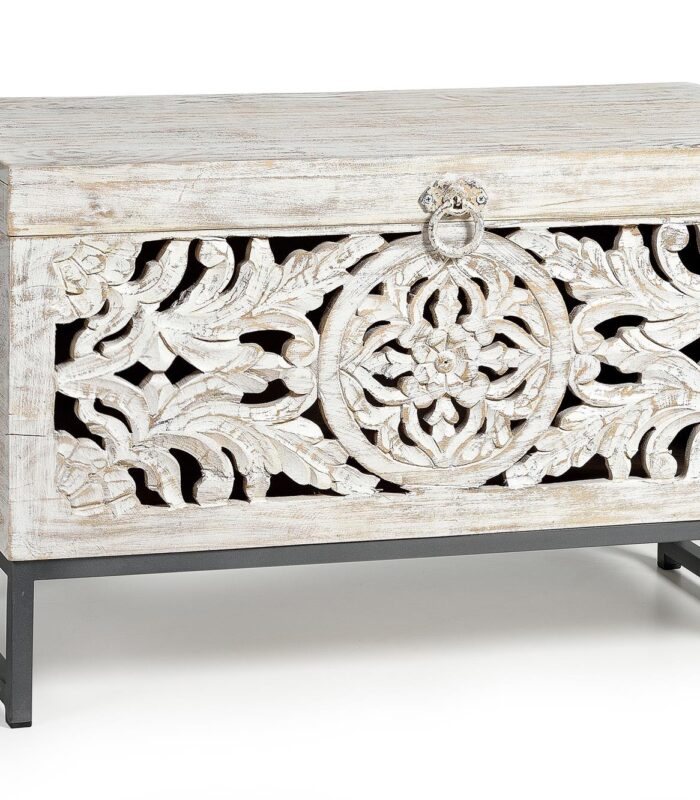 BAUL EN MADERA DE MANGO TALLADO A MANO CON BASE DE METAL