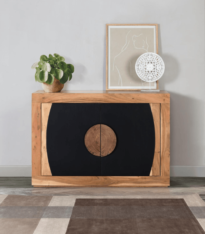 Aparador de madera de acacia natural y negro con dos puertas 6 Aparador Acacia Natural & Negro – 2 Puertas 110 cm - Imagen 6