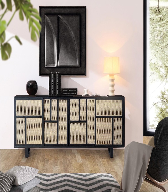 Aparador de madera de mango negra con 4 puertas correderas y rejilla natural, estantes interiores