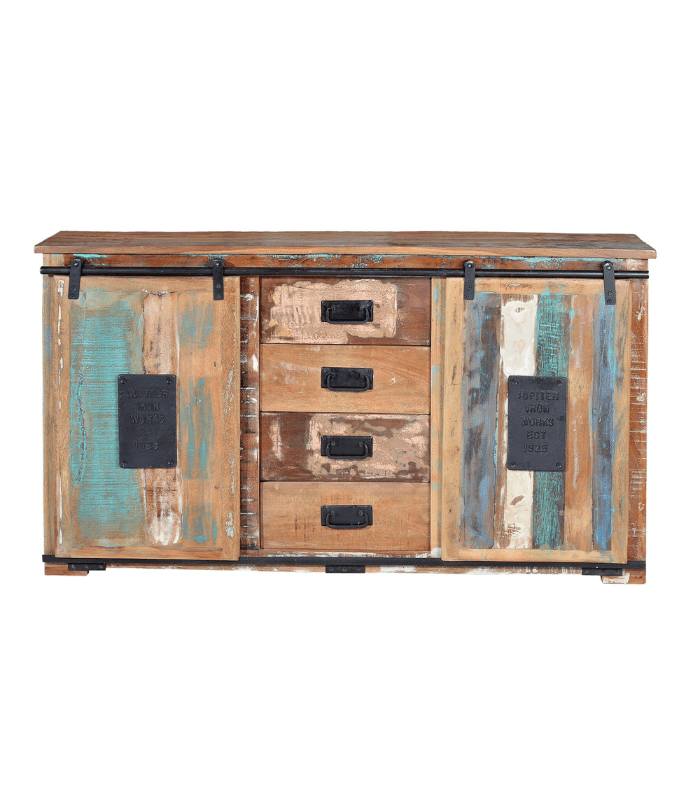 Aparador de madera reciclada multicolor con 4 cajones y puertas correderas