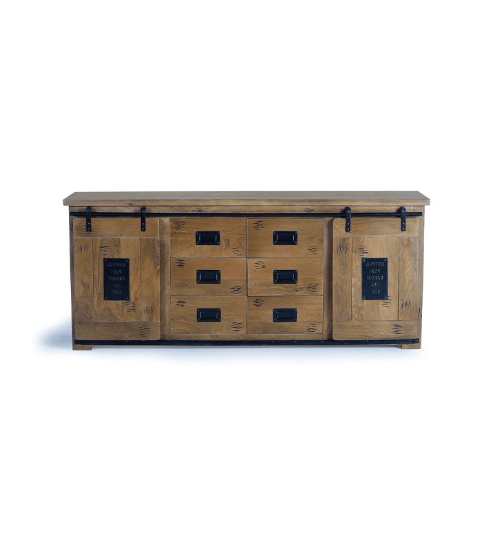 Aparador industrial de madera de mango con puertas correderas y cajones