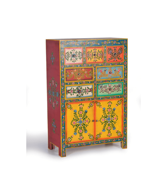 Cómoda de madera de mango con cajones pintados a mano en colores étnicos