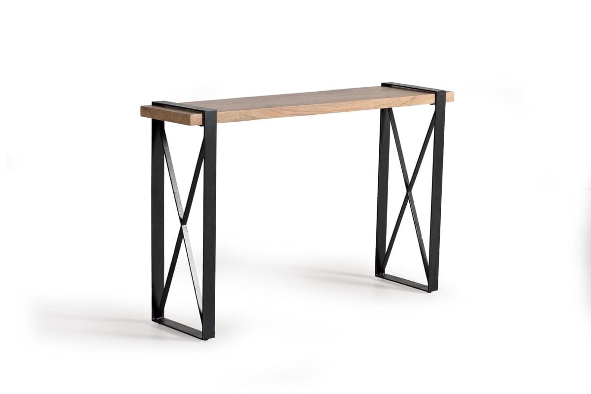 Consola de madera de acacia con patas de metal negras, estilo moderno 1 Consola de madera de acacia con patas de metal negras, estilo moderno