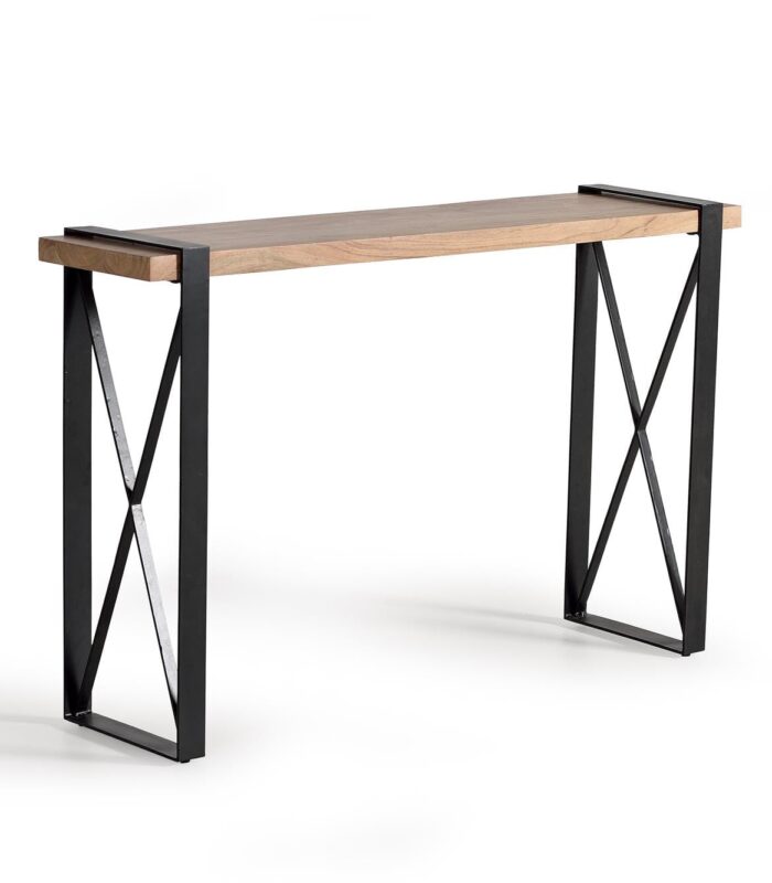 Consola de madera de acacia con patas de metal negras, estilo moderno