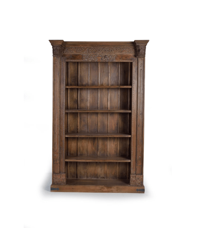 Librería alta de madera de mango con estantes y detalles reciclados