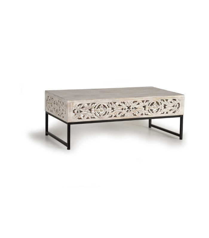 Mesa de centro tallada en madera de mango y metal blanco envejecido