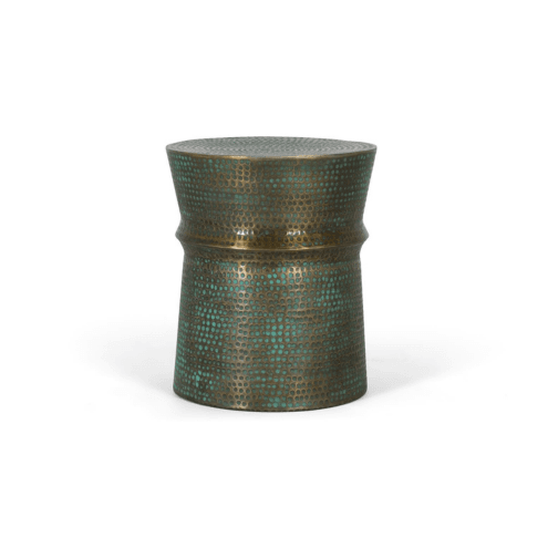 Mesa auxiliar de hierro verde envejecido de 51 cm de alto, estilo industrial. Ideal para salones, dormitorios o zonas de paso.