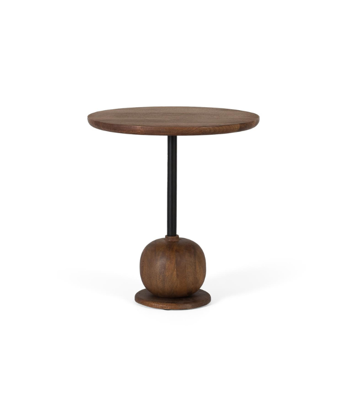 Mesa auxiliar redonda de madera de mango con patas metálicas en color negro