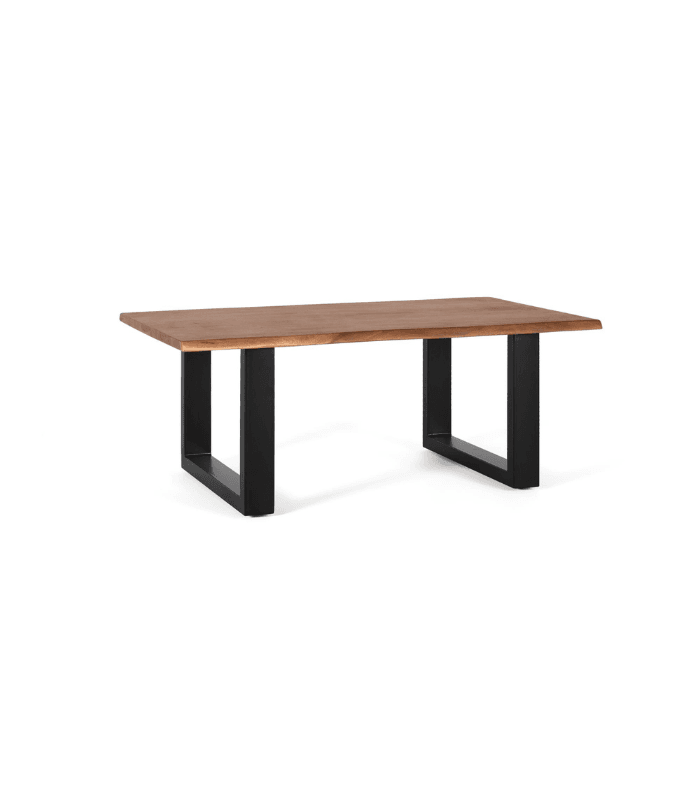 Mesa de centro de madera de acacia natural con patas de metal negro