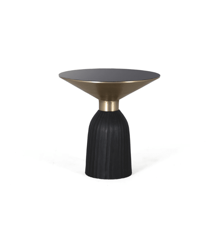 Mesa de centro redonda con tapa de vidrio templado y estructura metálica negra y dorada – MueblArt