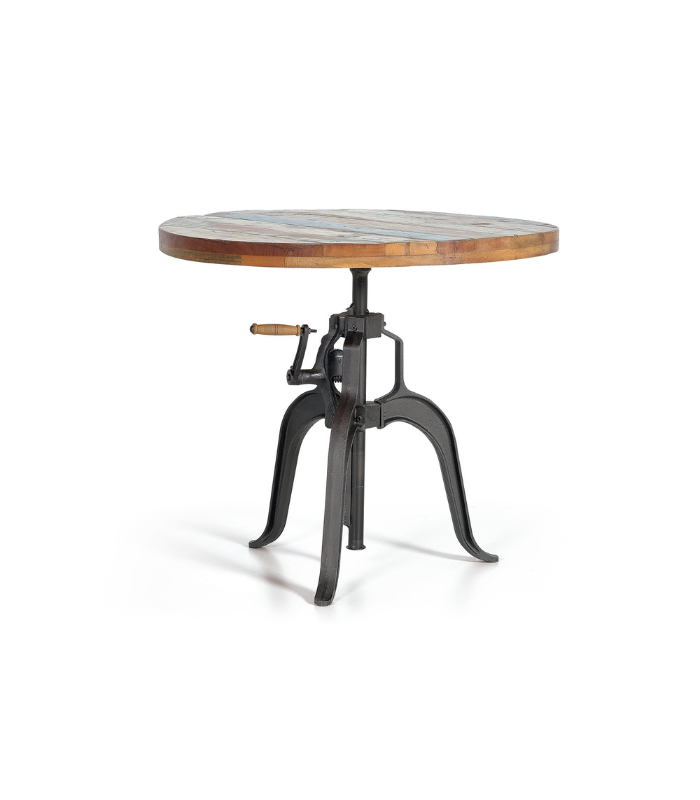 Mesa elevable de madera reciclada con base metálica negra. 1