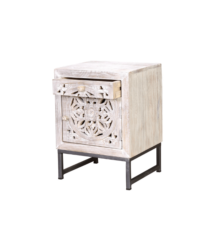 Mesita de madera de mango con cajón, puerta tallada a mano y base de hierro en tonos claros 1 Mesita 1 Cajón y 1 Puerta de Madera de Mango Tallada - Imagen 3