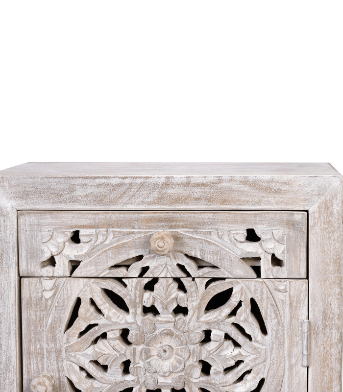Mesita de madera de mango con cajón, puerta tallada a mano y base de hierro en tonos claros 3 Mesita 1 Cajón y 1 Puerta de Madera de Mango Tallada - Imagen 5