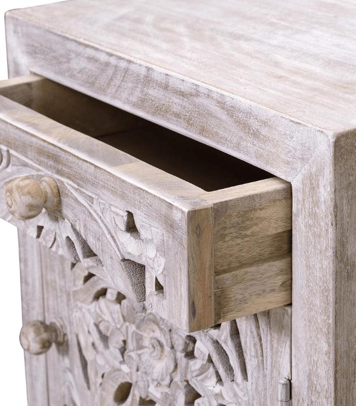 Mesita de madera de mango con cajón, puerta tallada a mano y base de hierro en tonos claros 4 Mesita 1 Cajón y 1 Puerta de Madera de Mango Tallada - Imagen 6