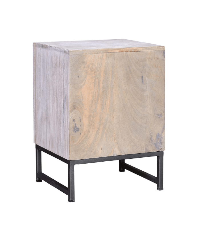 Mesita de madera de mango con cajón, puerta tallada a mano y base de hierro en tonos claros 6 Mesita 1 Cajón y 1 Puerta de Madera de Mango Tallada - Imagen 4
