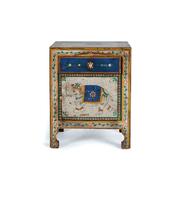 Mesita de madera de mango con cajón y puerta pintados a mano en estilo artesanal