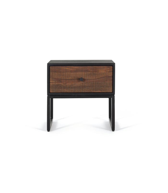 Mesita de madera de palisandro y mango con cajón y base de metal negro
