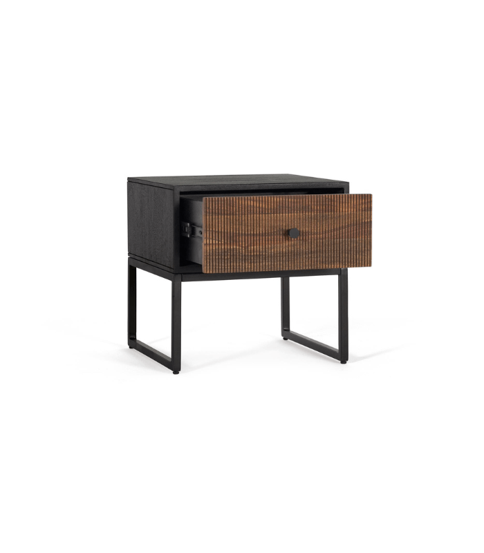 Mesita de madera de palisandro y mango con cajón y base de metal negro 2 Mesita 1 Cajón de Palisandro y Mango con Base Metálica - Imagen 3