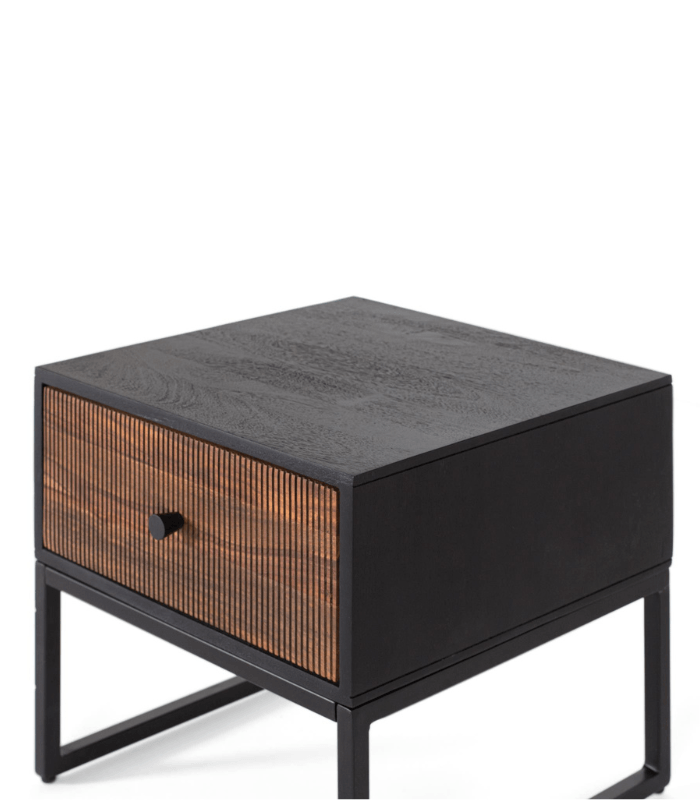 Mesita de madera de palisandro y mango con cajón y base de metal negro 4 Mesita 1 Cajón de Palisandro y Mango con Base Metálica - Imagen 5