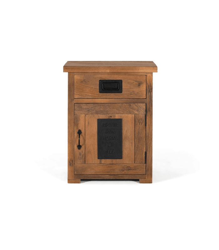 Mesita de noche de madera de mango natural con puerta y cajón