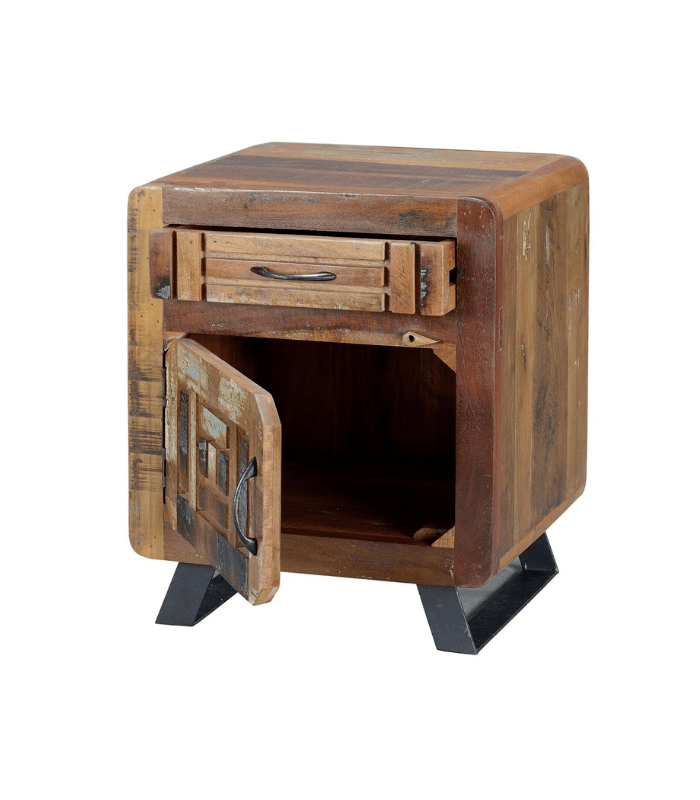 Mesita de noche en madera reciclada con patas metálicas y diseño multicolor – MueblArt 2 Mesita de Noche 1 puerta 1 cajón - Imagen 3