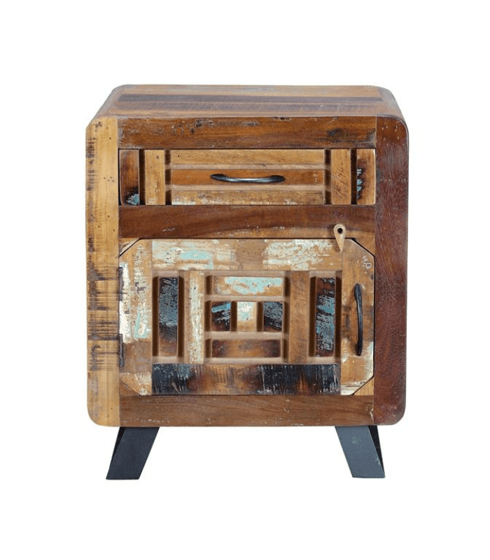 Mesita de noche en madera reciclada con patas metálicas y diseño multicolor – MueblArt