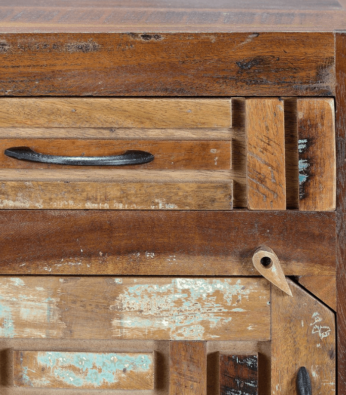 Mesita de noche en madera reciclada con patas metálicas y diseño multicolor – MueblArt 5 Mesita de Noche 1 puerta 1 cajón - Imagen 4