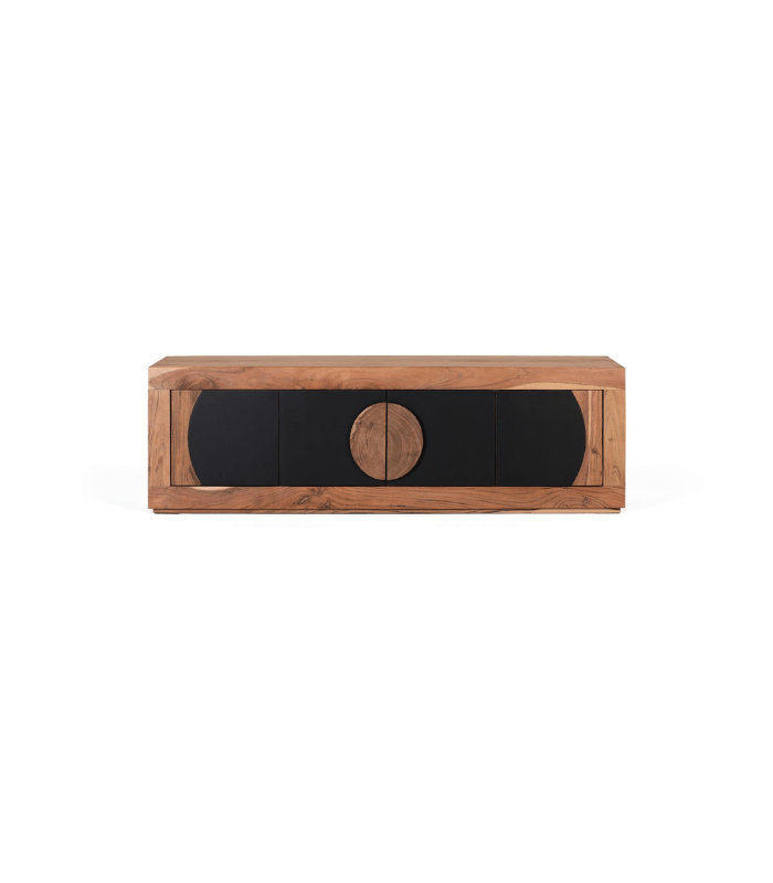 Mueble TV de madera de acacia natural y negro con cuatro puertas artesanales