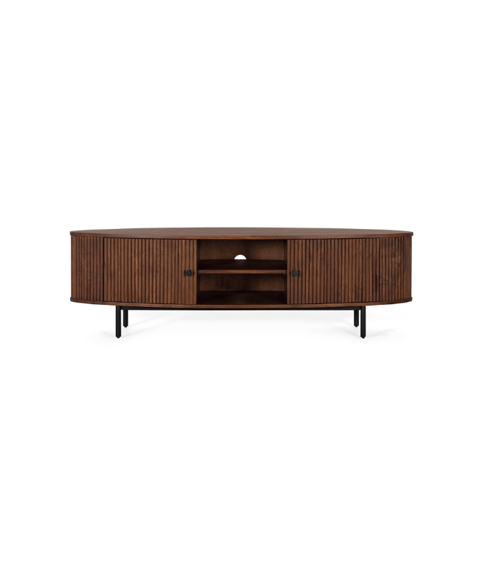 Mueble TV de madera de acacia y metal con puertas y patas metálicas