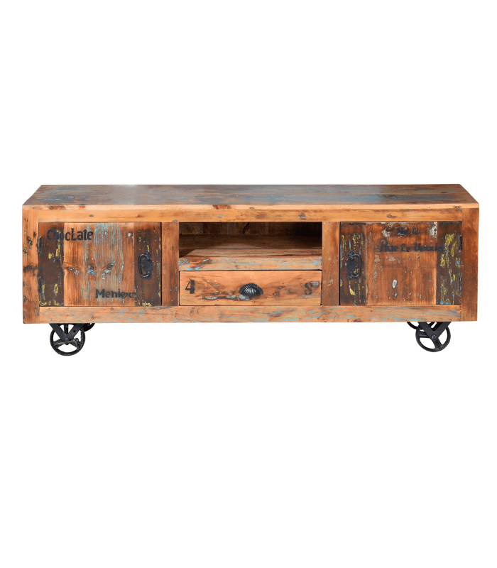 Mueble TV de madera reciclada con ruedas estilo industrial