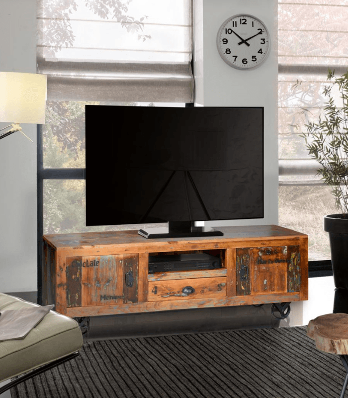 Mueble TV de madera reciclada con ruedas estilo industrial 3 Mueble TV con ruedas en madera reciclada - Imagen 3