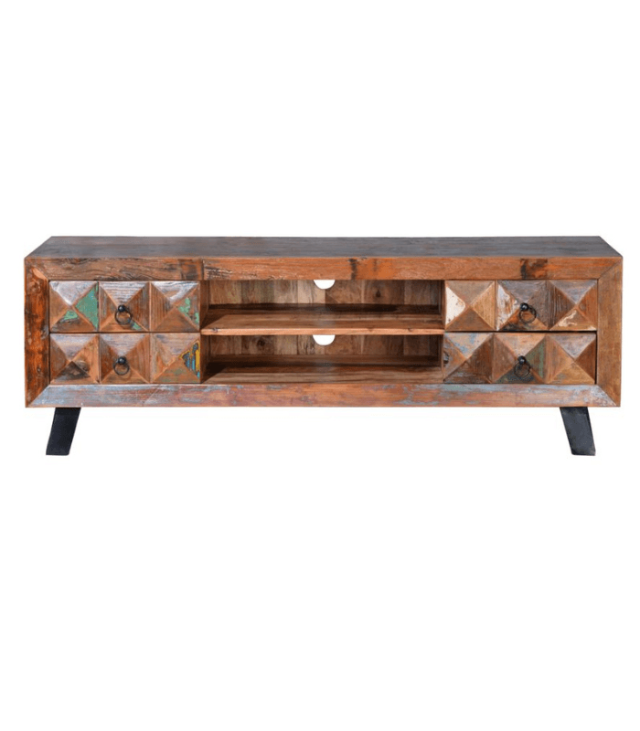 Mueble TV de madera reciclada maciza con 4 cajones y patas de hierro multicolor