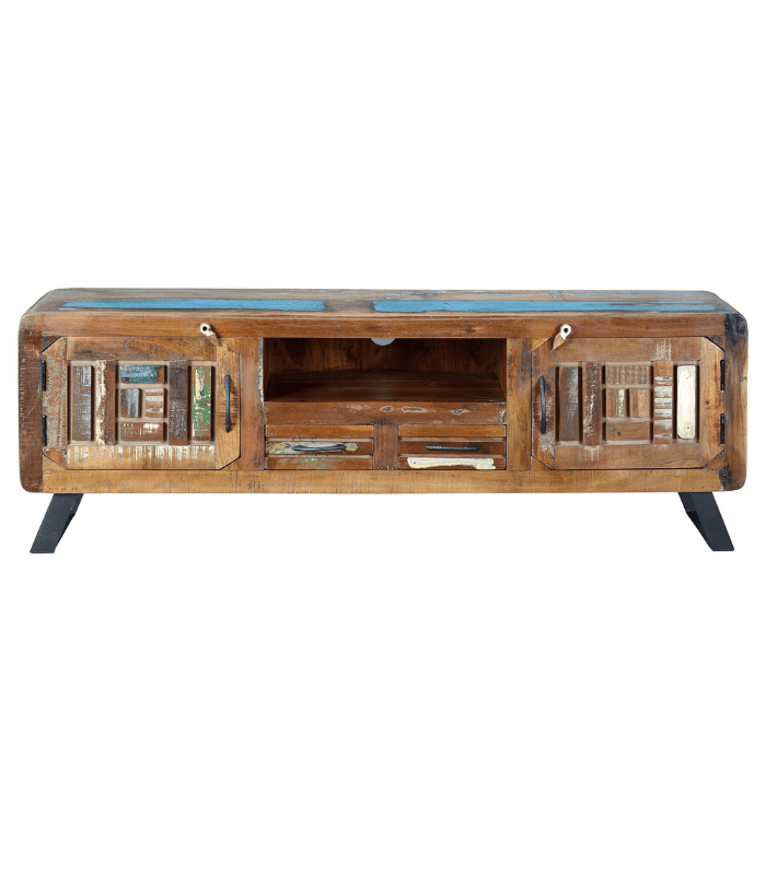 Mueble TV multicolor de madera reciclada con cajones y puertas de estilo industrial