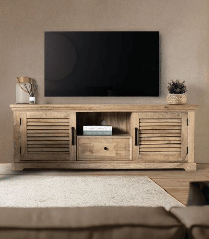 Mueble TV rústico con puertas y cajón en madera maciza de mango natural 6 Mueble de TV 2 puertas y 1 cajón - Imagen 6