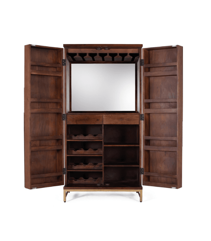 Mueble bar 2 puertas en madera de mango color cerezo con estructura metálica 3 Mueble bar 2 puertas de madera de mango - Imagen 3