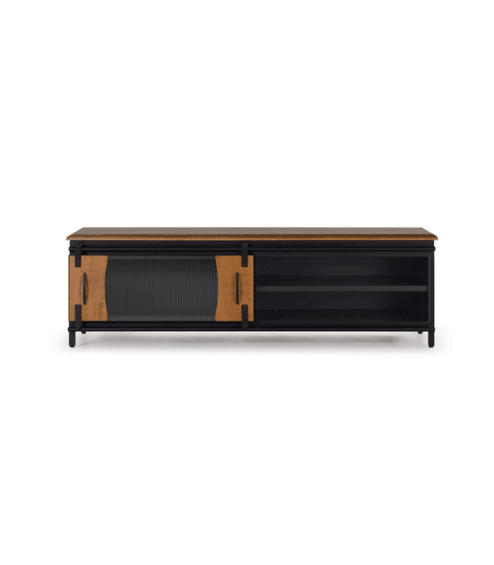 Mueble de TV industrial con puerta corredera en madera de mango natural y metal negro