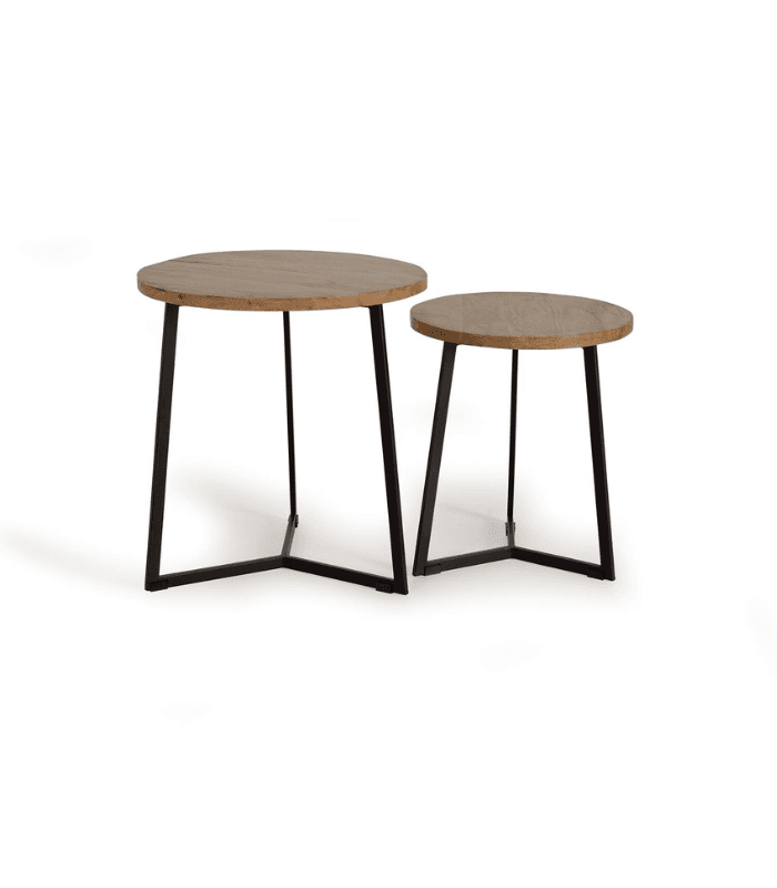 Set de 2 mesas auxiliares redondas de madera de mango natural con base de metal negro