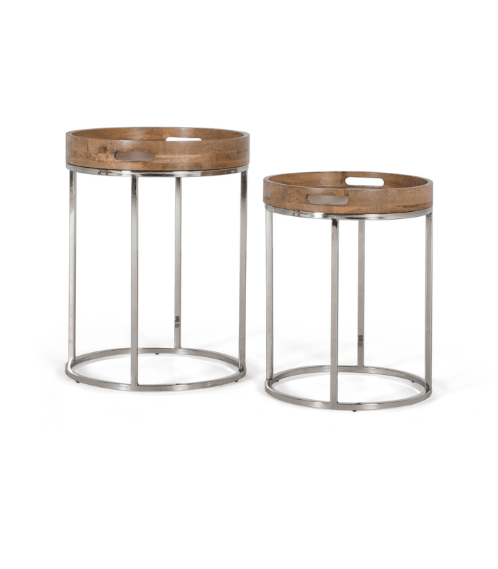 Set de 2 mesas nido en madera de acacia con estructura en acero inoxidable, estilo natural y moderno