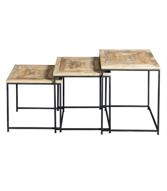 Set de 3 mesas nido en madera maciza de mango con base de hierro