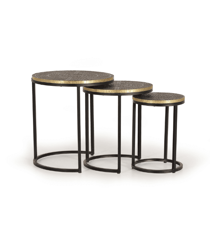 et de 3 mesas nido de centro con tapa de bronce y patas metálicas negras estilo moderno