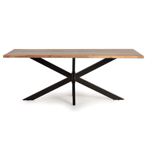 mesa de comedor en madera maciza de acacia con base de metal
