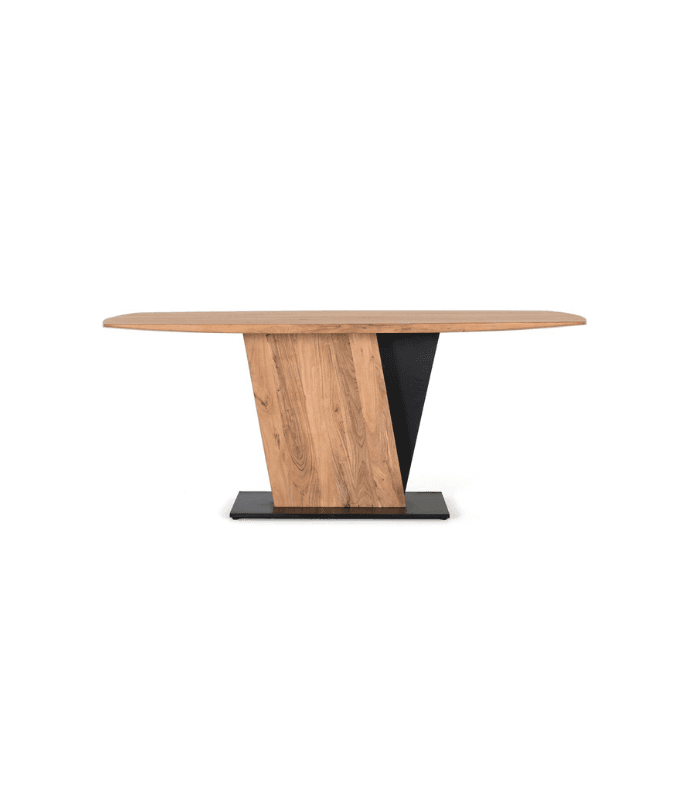 mesa de comedor en madera maciza de acacia con base de metal