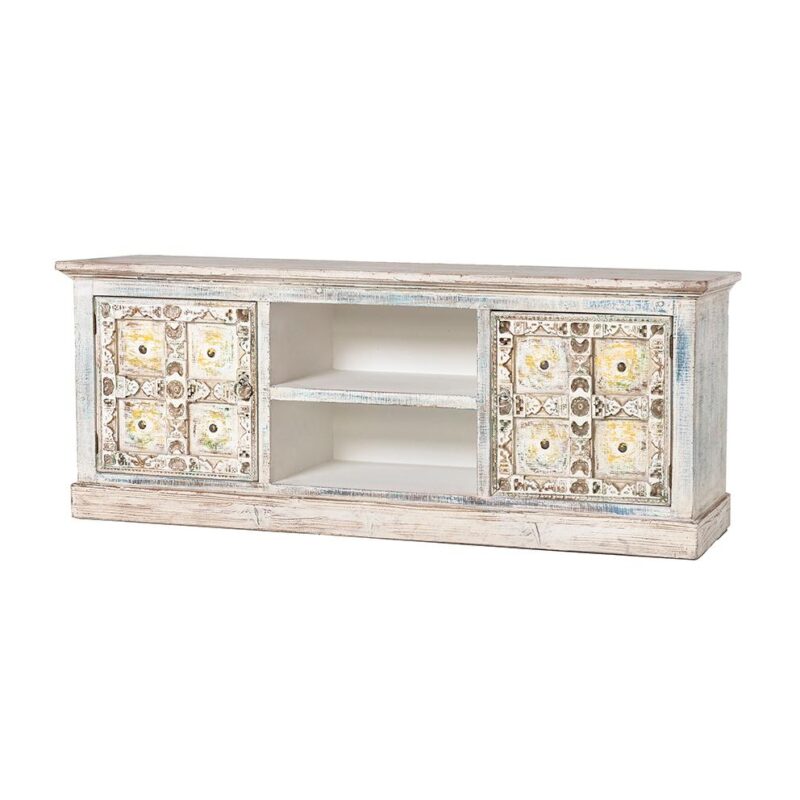 Mueble TV de paulownia beige y azul, 150 × 40 × 58 cm, estilo Ming