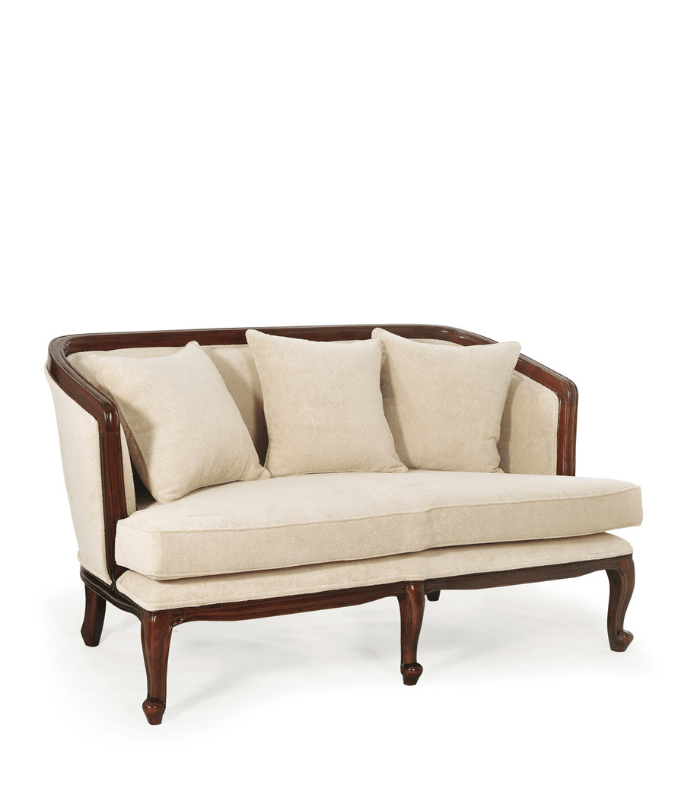 Sofá vintage de madera de caoba con cojines tapizados en chenille